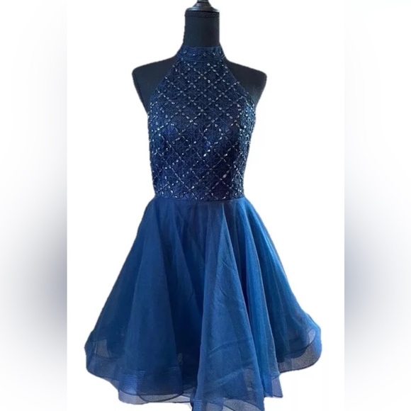 PROM / HOCO / Formal Dress • Navy • Halter / Beaded • Mini Fit & Flare • Medium - Picture 3 of 13